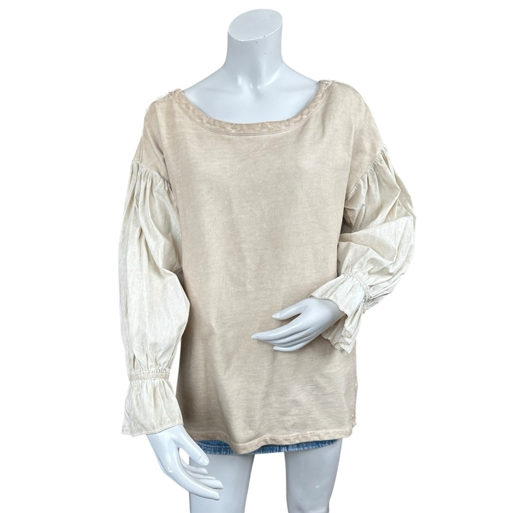 Anthropologie Pilcro Beige Light Tan Mixed Media Pullover Puff Sleeve Medium